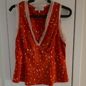 WAYF Floral Red Top with Lace Trim